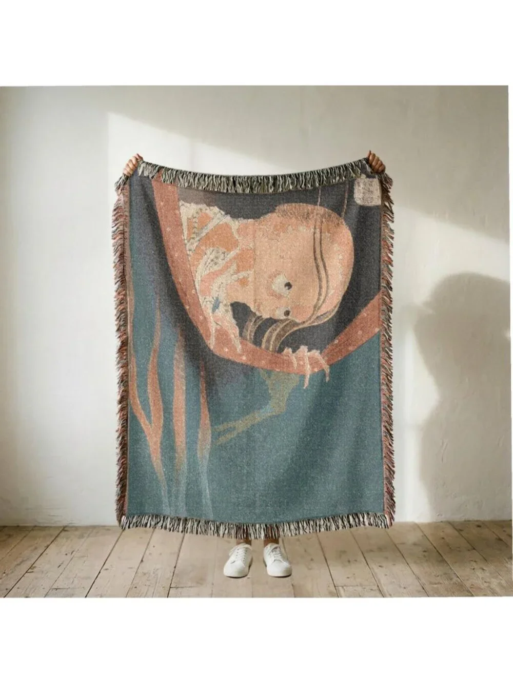 Woven Skeleton Blanket – Hokusai Ghost Ukiyo-e Art, 100% Cotton Japandi Decor